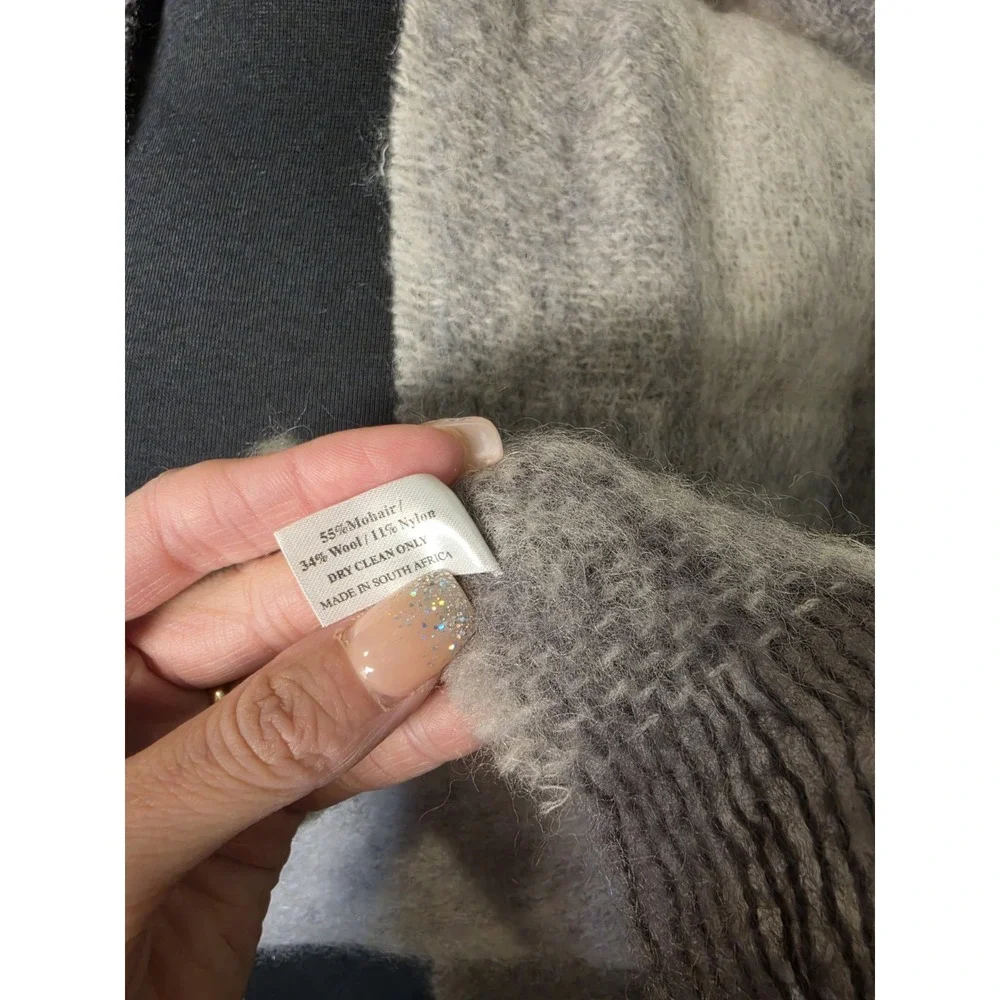 cape  Mohair scarf Gray/Ivory Striped Mohair Wool Knit Fringe Rectangle